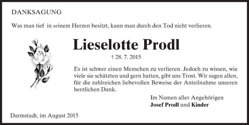 Traueranzeige für Lieselotte Prodl vom 15.08.2015 aus trauer.echo-online.de