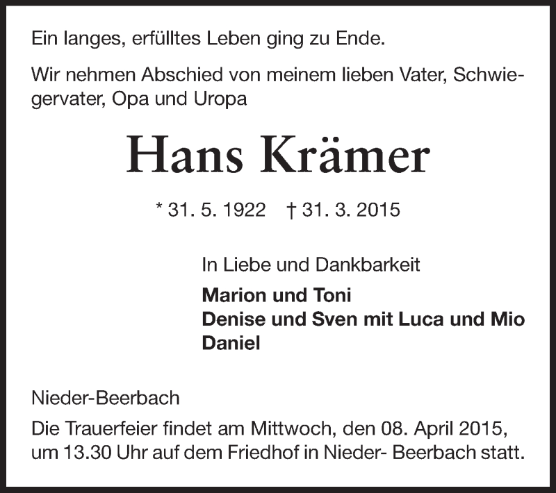  Traueranzeige für Hans Krämer vom 04.04.2015 aus Echo-Zeitungen (Gesamtausgabe)