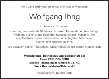 Traueranzeige von Wolfgang Ihrig von Odenwälder Echo