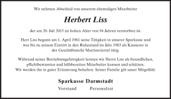 Traueranzeige von Herbert Liss von Echo-Zeitungen (Gesamtausgabe)