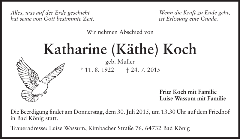  Traueranzeige für Katharine Koch vom 28.07.2015 aus Odenwälder Echo