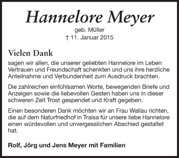 Traueranzeige von Hannelore Meyer von Echo-Zeitungen (Gesamtausgabe)