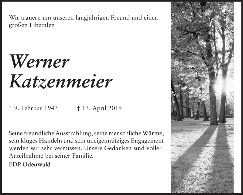  Traueranzeige für Werner Katzenmeier vom 21.04.2015 aus Odenwälder Echo