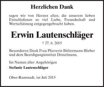 Traueranzeige von Erwin Lautenschläger von Echo-Zeitungen (Gesamtausgabe)