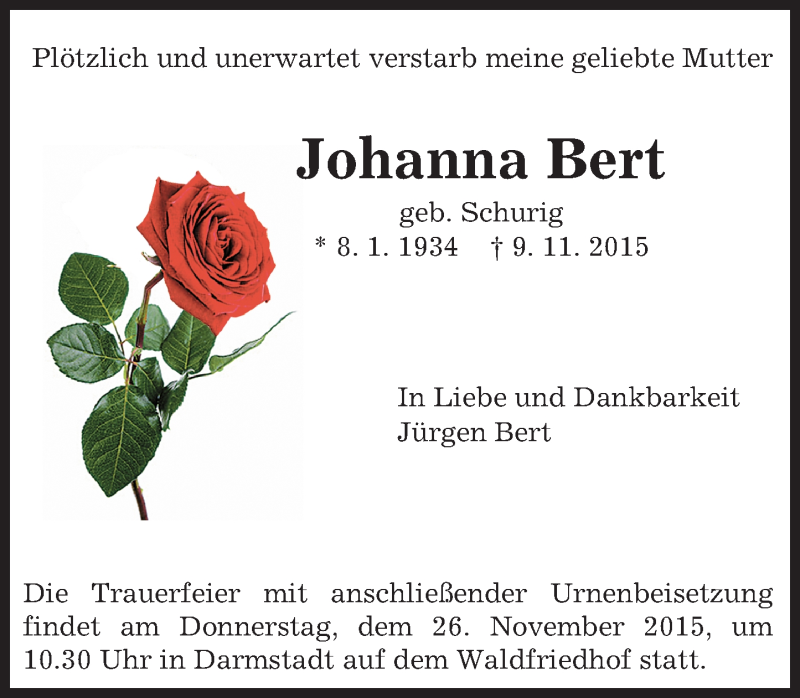  Traueranzeige für Johanna Bert vom 14.11.2015 aus trauer.echo-online.de