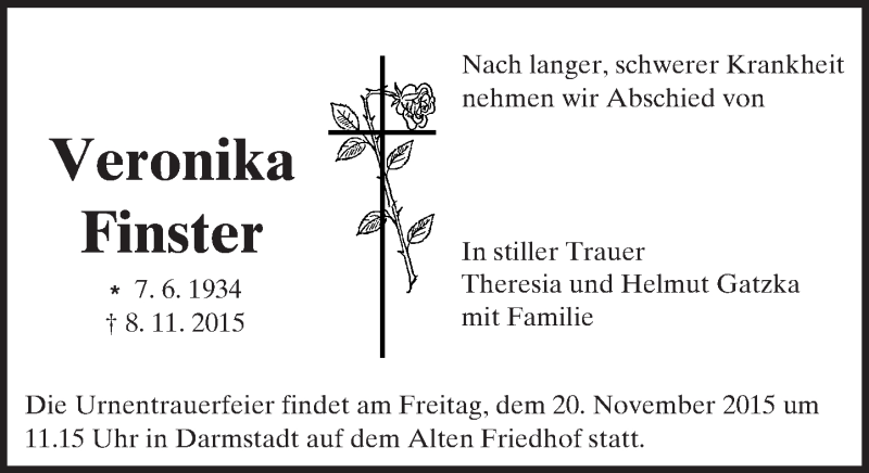  Traueranzeige für Veronika Finster vom 14.11.2015 aus trauer.echo-online.de