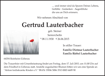 Traueranzeige von Gertrud Lauterbacher von Darmstädter Echo, Odenwälder Echo, Rüsselsheimer Echo, Groß-Gerauer-Echo, Ried Echo