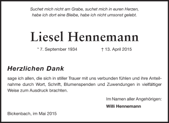Traueranzeige von Liesel Hennemann von Echo-Zeitungen (Gesamtausgabe)