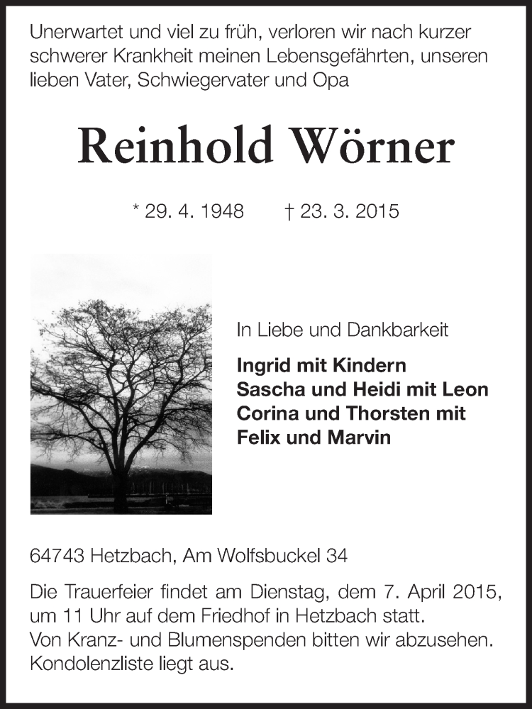  Traueranzeige für Reinhold Wörner vom 01.04.2015 aus Odenwälder Echo