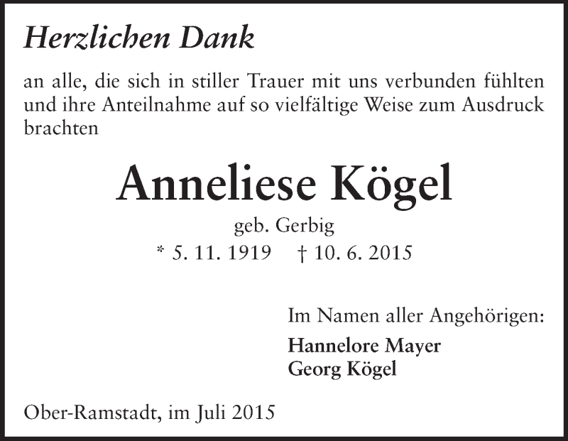  Traueranzeige für Anneliese Kögel vom 04.07.2015 aus Echo-Zeitungen (Gesamtausgabe)