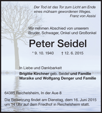 Traueranzeige von Peter Seidel von Echo-Zeitungen (Gesamtausgabe)