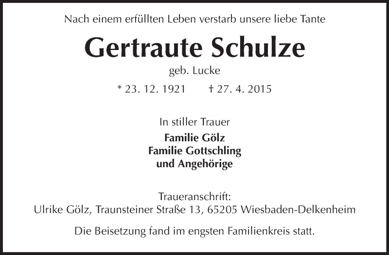  Traueranzeige für Gertraute Schulze vom 20.06.2015 aus Echo-Zeitungen (Gesamtausgabe)