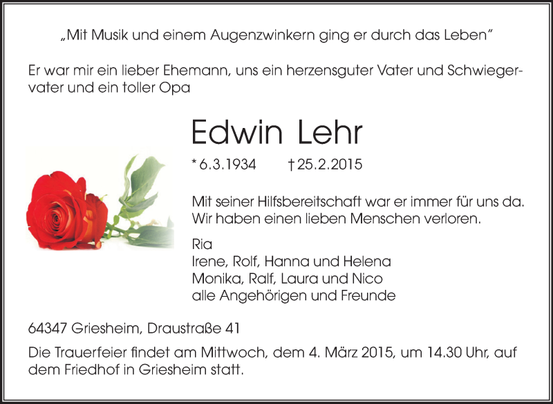  Traueranzeige für Edwin Lehr vom 28.02.2015 aus Echo-Zeitungen (Gesamtausgabe)
