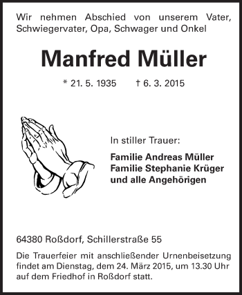 Traueranzeige von Manfred Müller von Echo-Zeitungen (Gesamtausgabe)
