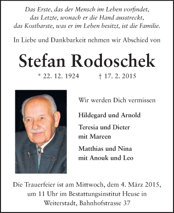 Traueranzeige von Stefan Rodoschek von Echo-Zeitungen (Gesamtausgabe)