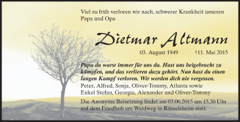 Traueranzeige von Dietmar Altmann von Rüsselsheimer Echo, Groß-Gerauer-Echo, Ried Echo