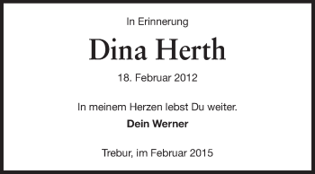 Traueranzeige von Dina Herth von Rüsselsheimer Echo, Groß-Gerauer-Echo, Ried Echo