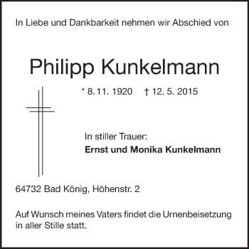 Traueranzeige von Philipp Kunkelmann von Odenwälder Echo