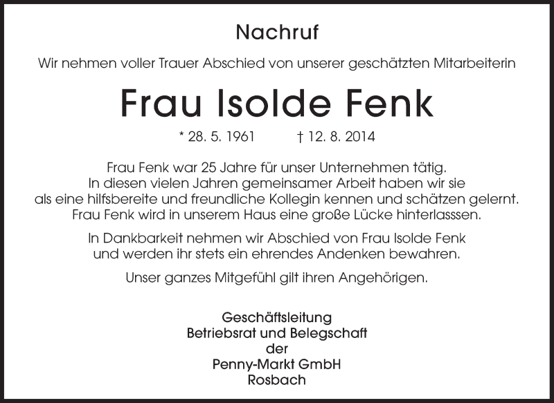  Traueranzeige für Isolde Fenk vom 22.08.2014 aus Echo Zeitungen (Gesamtausgabe)