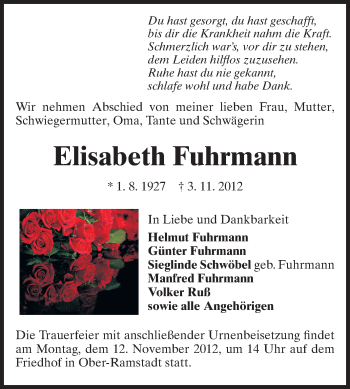 Traueranzeige von Elisabeth Fuhrmann von Darmstädter Echo