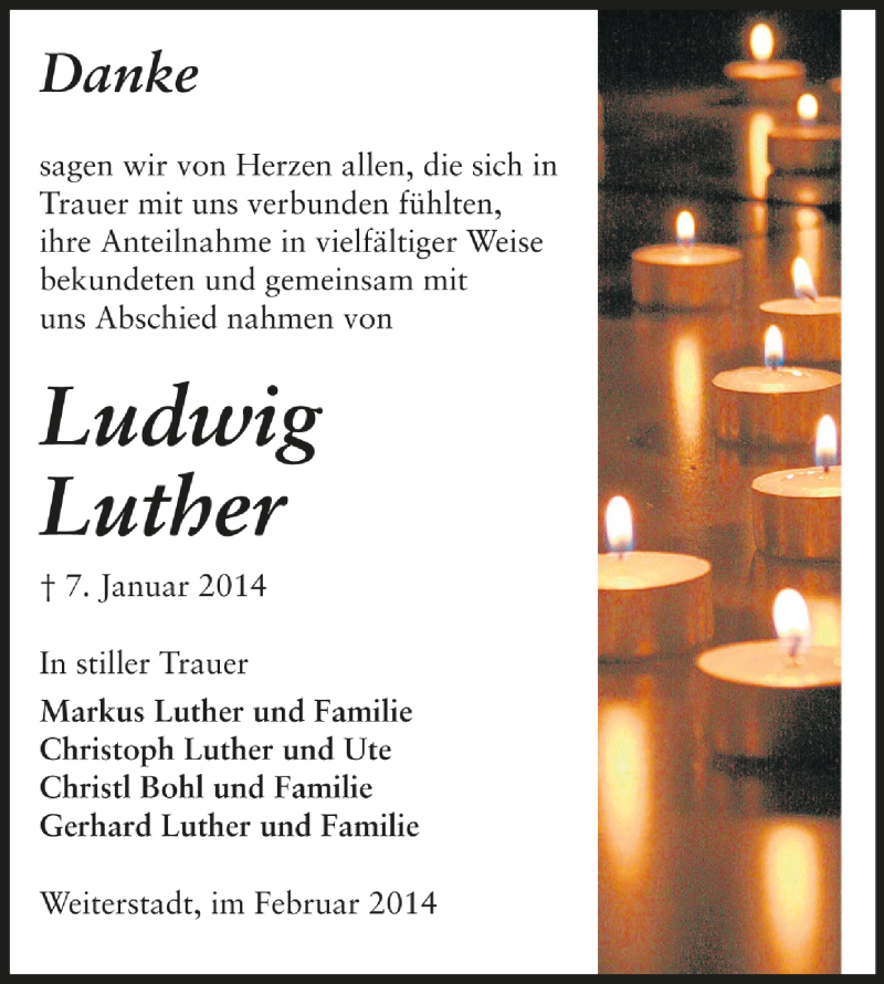  Traueranzeige für Ludwig Luther vom 08.02.2014 aus Darmstädter Echo