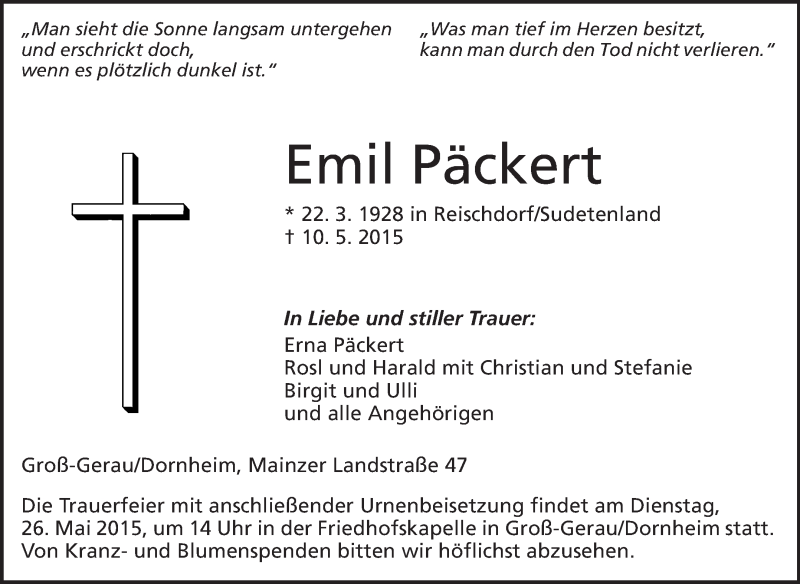  Traueranzeige für Emil Päckert vom 21.05.2015 aus Rüsselsheimer Echo, Groß-Gerauer-Echo, Ried Echo