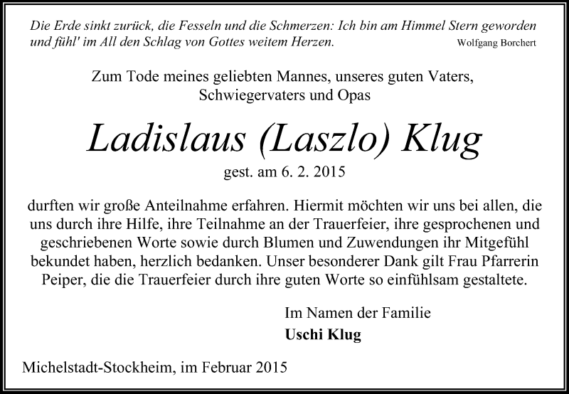  Traueranzeige für Ladislaus Laszlo Klug vom 28.02.2015 aus Odenwälder Echo