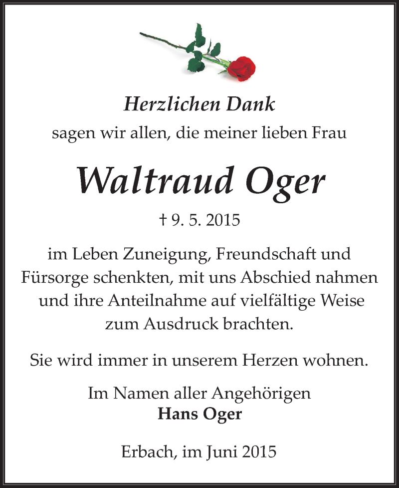  Traueranzeige für Waltraud Oger vom 13.06.2015 aus Echo-Zeitungen (Gesamtausgabe)