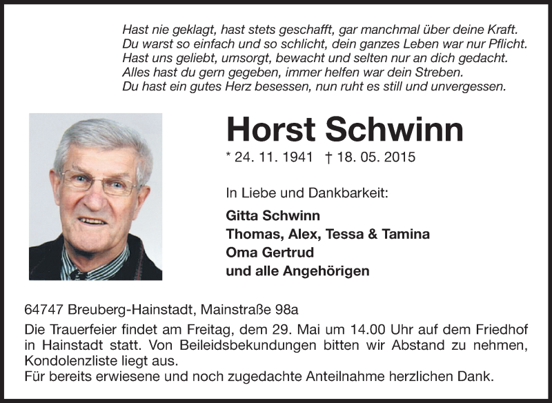  Traueranzeige für Horst Schwinn vom 26.05.2015 aus Odenwälder Echo