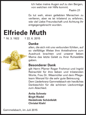 Traueranzeige von Elfriede Muth von Odenwälder Echo