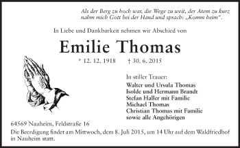 Traueranzeige von Emilie Thomas von Rüsselsheimer Echo, Groß-Gerauer-Echo, Ried Echo