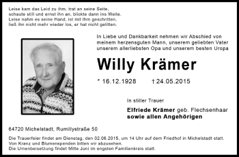 Traueranzeige von Willy Krämer von Odenwälder Echo