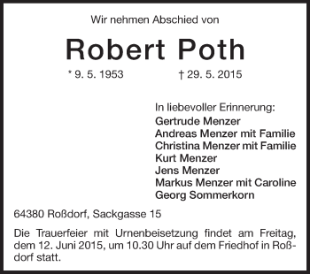 Traueranzeige von Robert Poth von Echo-Zeitungen (Gesamtausgabe)