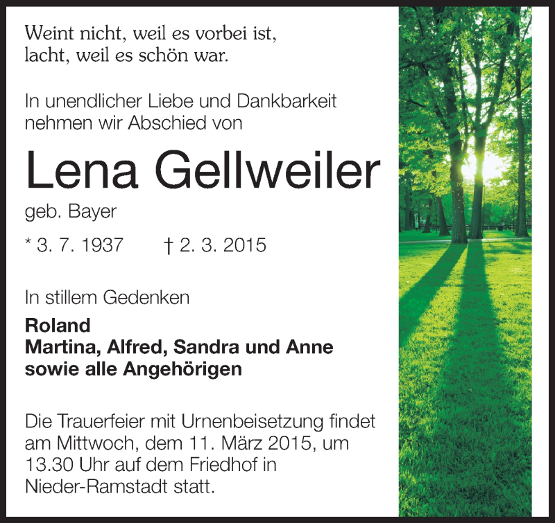  Traueranzeige für Lena Gellweiler vom 07.03.2015 aus Echo-Zeitungen (Gesamtausgabe)