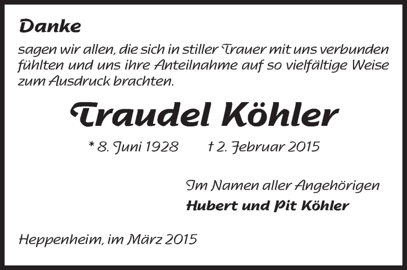  Traueranzeige für Traudel Köhler vom 07.03.2015 aus Starkenburger Echo