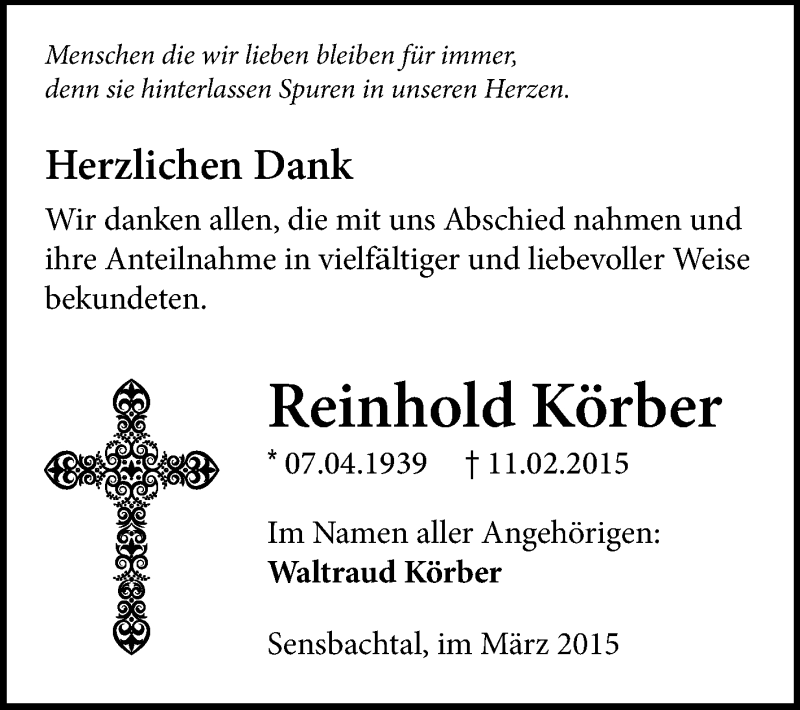  Traueranzeige für Reinhold Körber vom 14.03.2015 aus Odenwälder Echo
