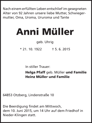 Traueranzeige von Anni Müller von Echo-Zeitungen (Gesamtausgabe)
