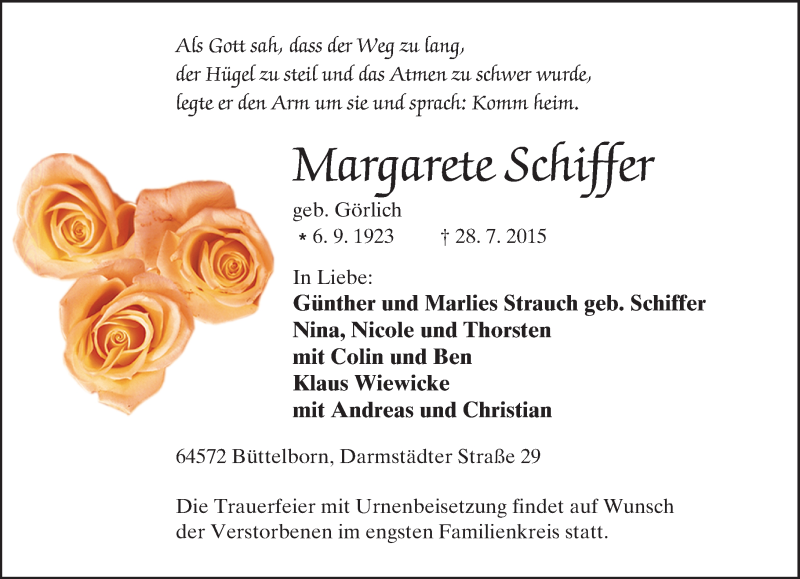  Traueranzeige für Margarete Schiffer vom 06.08.2015 aus trauer.echo-online.de