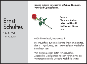 Traueranzeige von Ernst Schultes von Echo-Zeitungen (Gesamtausgabe)