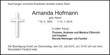 Traueranzeige von Amanda Hofmann von Echo-Zeitungen (Gesamtausgabe)