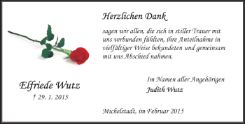 Traueranzeige von Elfriede Wutz von Odenwälder Echo