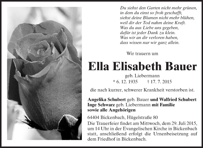  Traueranzeige für Ella Elisabeth Bauer vom 25.07.2015 aus Echo-Zeitungen (Gesamtausgabe)