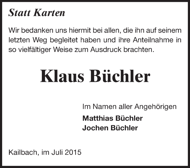  Traueranzeige für Klaus Büchler vom 04.07.2015 aus Odenwälder Echo