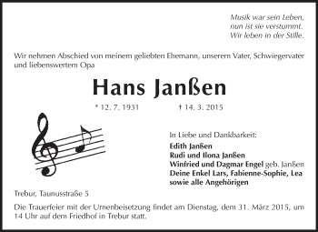 Traueranzeige von Hans Janßen von Rüsselsheimer Echo, Groß-Gerauer-Echo, Ried Echo