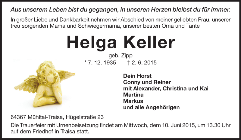  Traueranzeige für Helga Keller vom 06.06.2015 aus Echo-Zeitungen (Gesamtausgabe)