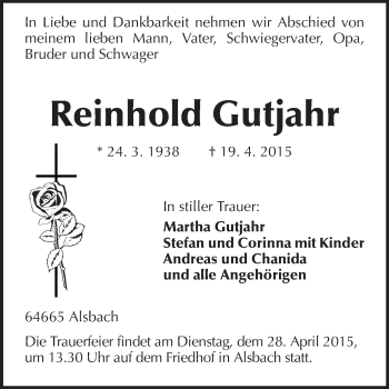 Traueranzeige von Reinhold Gutjahr von Echo-Zeitungen (Gesamtausgabe)