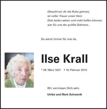 Traueranzeige von Ilse Krall von Echo-Zeitungen (Gesamtausgabe)