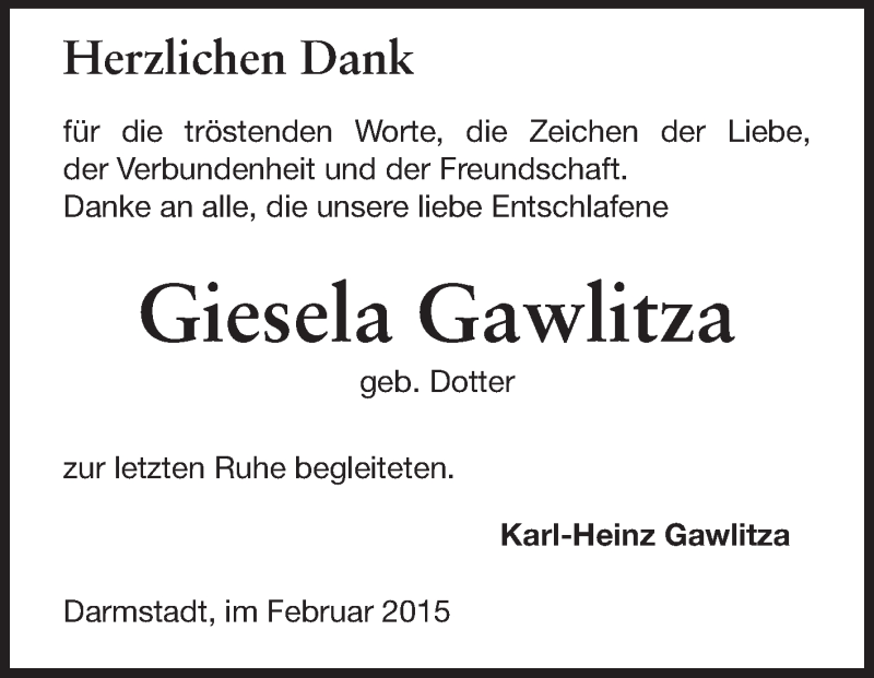  Traueranzeige für Giesela Gawlitza vom 14.02.2015 aus Echo-Zeitungen (Gesamtausgabe)