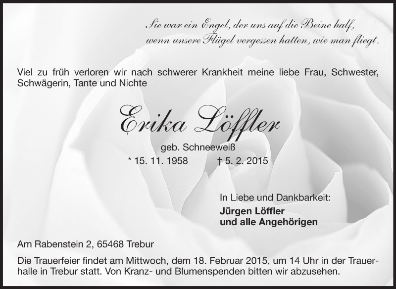  Traueranzeige für Erika Löffler vom 13.02.2015 aus Rüsselsheimer Echo, Groß-Gerauer-Echo, Ried Echo