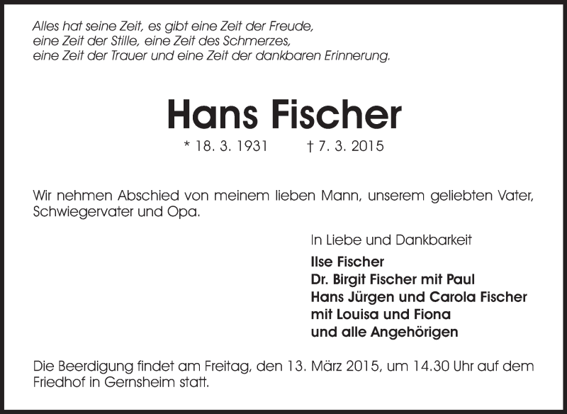  Traueranzeige für Hans Fischer vom 11.03.2015 aus Rüsselsheimer Echo, Groß-Gerauer-Echo, Ried Echo